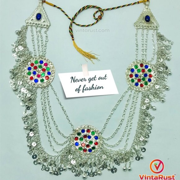 Multilayers Silver Bib Necklace With Dangling Tassels and Three Big Motifs - Picture 8 of 10